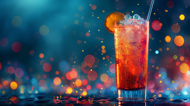Cocktail in a tall glass with particle light background