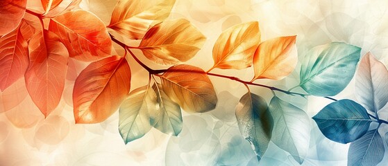 Serene and artistic leaves in a variety of colors, set against a soft, calming background, elegantly peaceful