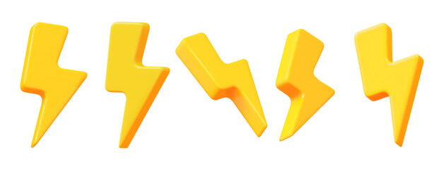 3d set of yellow charger symbol with rotation. Yellow sign thunder. Symbol of energy, danger. Minimalistic electrical discharge. Stock vector illustration on isolated background. 