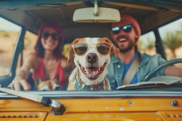 A cheerful dog wearing funky sunglasses and a neckerchief looks like driving a vintage car with passengers