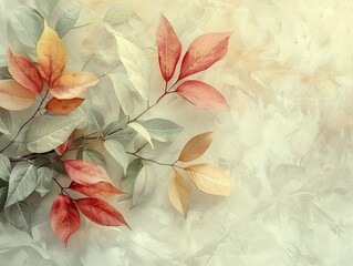 Diverse leaves in artistic styles, serene and gentle, on a soft, unobtrusive background, harmoniously blended