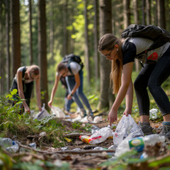 Several young hikers are picking up household waste scattered in the corners of the forest 1