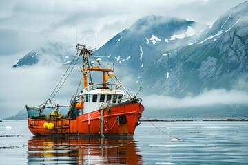 A serene scene with an orange fishing boat gently floating on calm waters, framed by snow-capped mountains in the background - obrazy, fototapety, plakaty