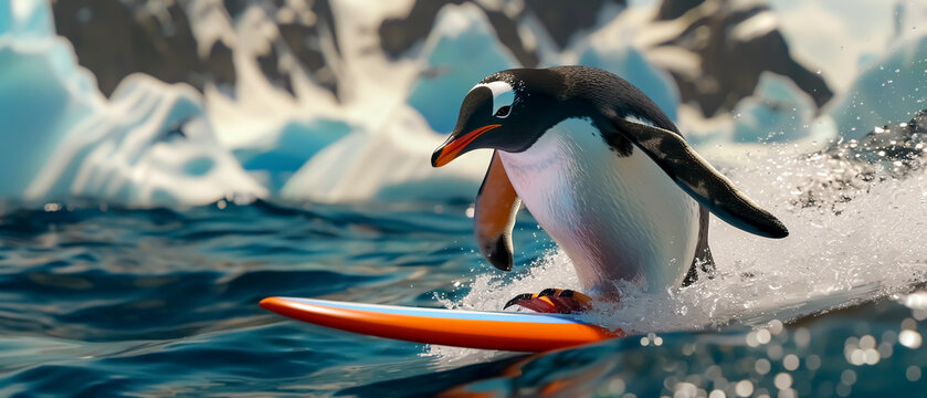A photorealistic image of a penguin riding a brightly colored surfboard