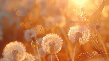 Beautiful bunch of dandelions in a field at sunset. Suitable for nature and outdoor themes