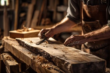 A man focused on carving a piece of wood with a chisel, creating detailed patterns and designs