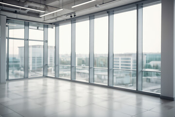 Beautiful blurred background of a light modern office interior with panoramic windows and beautiful. Modern building