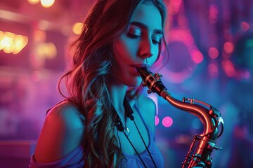 A woman plays the saxophone in a colorful, neon-lit setting, creating a moody and artistic ambiance - obrazy, fototapety, plakaty