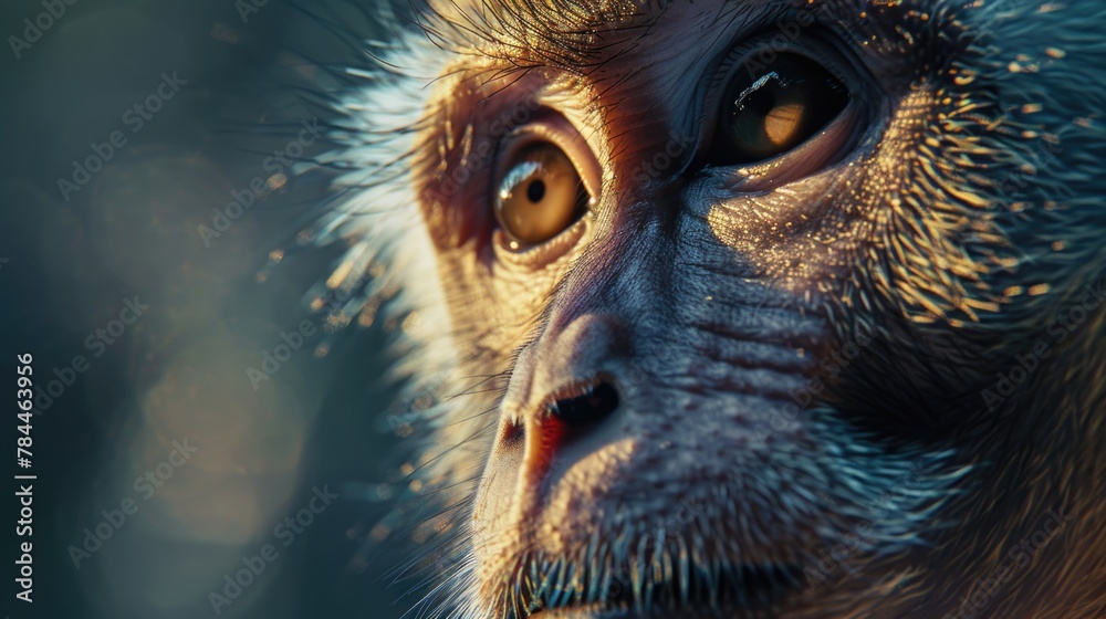 Poster Close up of a monkey's face with a blurry background. Suitable for nature and wildlife concepts
