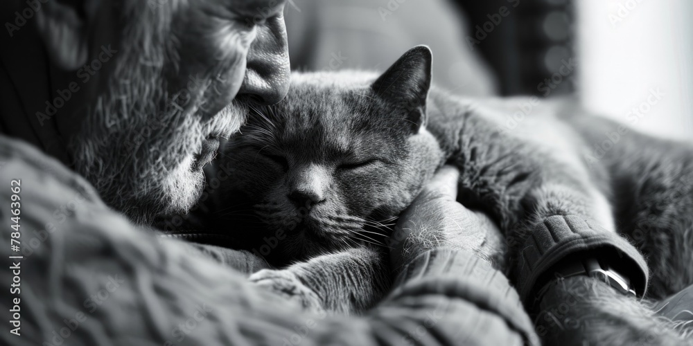 Poster A cat and a man in a monochrome setting. Suitable for various projects