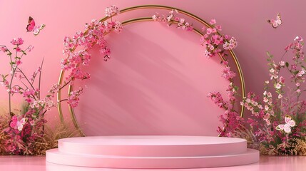 Butterfly podium background pink 3D flower pedestal rose stage cosmetic wedding platform. Background podium gold butterfly arch floral beauty spring presentation shop paper day product mockup 