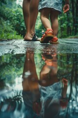 A woman and a child walking in the rain. Suitable for weather or family concepts