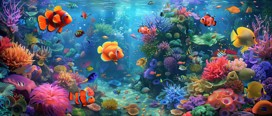Obraz na płótnie Canvas Symphony of the sea: a vibrant underwater world. A dazzling array of colorful fish dart among vibrant corals in a bustling underwater ecosystem, creating a mesmerizing display of life and movement