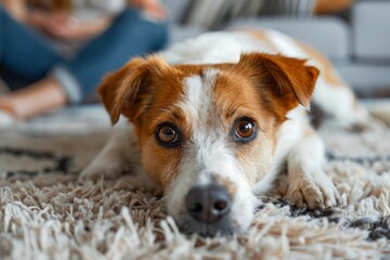 An adorable dog takes a peaceful nap on a textured rug while a blurred human figure relaxes in the background