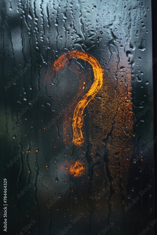 Poster A mysterious question mark on a rain-soaked window. Ideal for adding intrigue to your designs