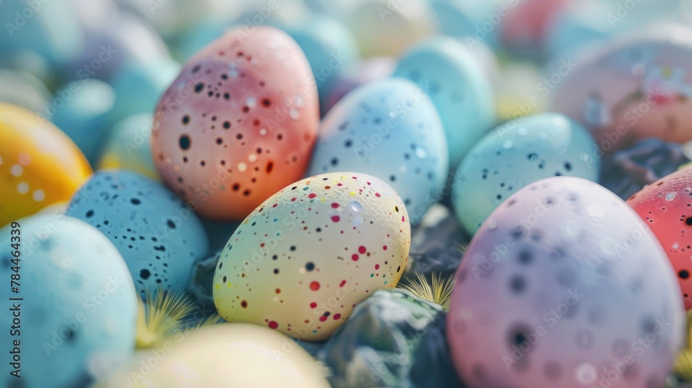 Poster close up view of a variety of colorful eggs. perfect for easter or spring-themed designs