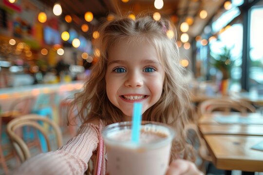 A joyful young girl is holding a straw in a milkshake, smiling at a colorful cafe setting