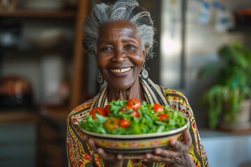 The portrait showcases a joyful senior African woman offering a nutritious bowl of fresh salad