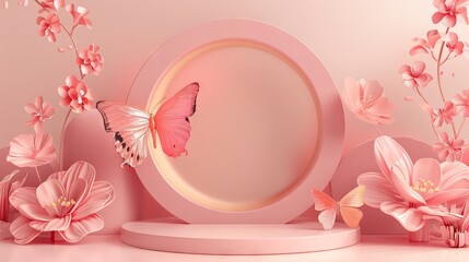 Butterfly podium background pink 3D flower pedestal rose stage cosmetic wedding platform. Background podium gold butterfly arch floral beauty spring presentation shop paper day product mockup 