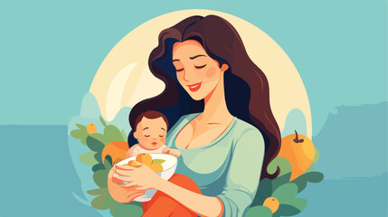 New mother feeding baby with breast. Young woman ho - obrazy, fototapety, plakaty