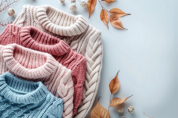 Warm sweaters in pink and blue tones gently folded beside dry autumn leaves, creating a cozy seasonal vibe