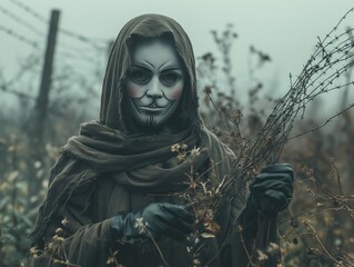 Standing against oppression concept with masked woman grabbing barbwire, created by ai