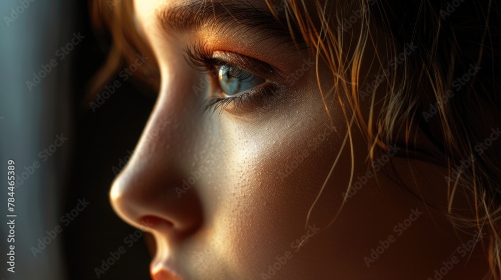 Poster Close up of a person's face with a blurry background. Suitable for various design projects