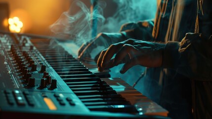 Close-up of a person playing a keyboard. Suitable for music industry concepts
