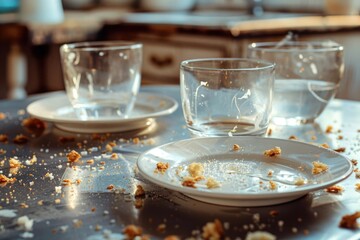 Table with empty dishes and glasses, perfect for restaurant concepts