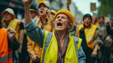 Several women and men angry dressed in yellow safety vests, Demonstrate against poverty