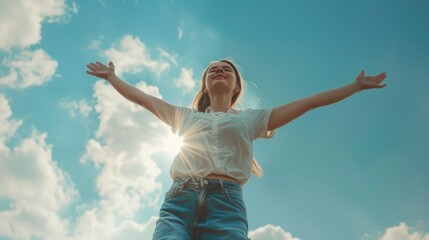 A woman with her arms raised up in the air. Suitable for inspirational and motivational concepts