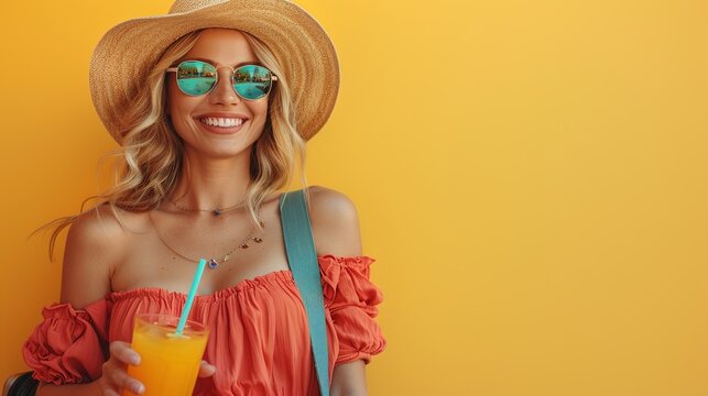 Portrait of a happy smiling fat woman in hat and sunglasses with suitcase holding juice cocktail and pointing her finger to the side on yellow background. Summer holiday trip and vacation concept.