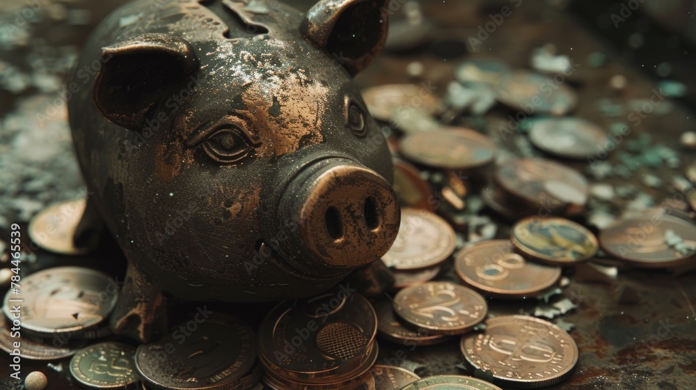 Poster a piggy bank sitting on top of a pile of coins. suitable for financial concepts