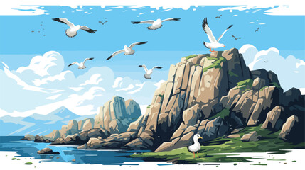 Northern gannet nesting colony 2d flat cartoon vact - obrazy, fototapety, plakaty