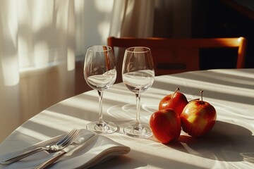 Two wine glasses and two apples on a table. Ideal for food and drink concepts