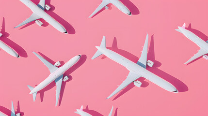 Creative composition made with passenger plane on pastel pink background. Summer travel or vacation pattern.