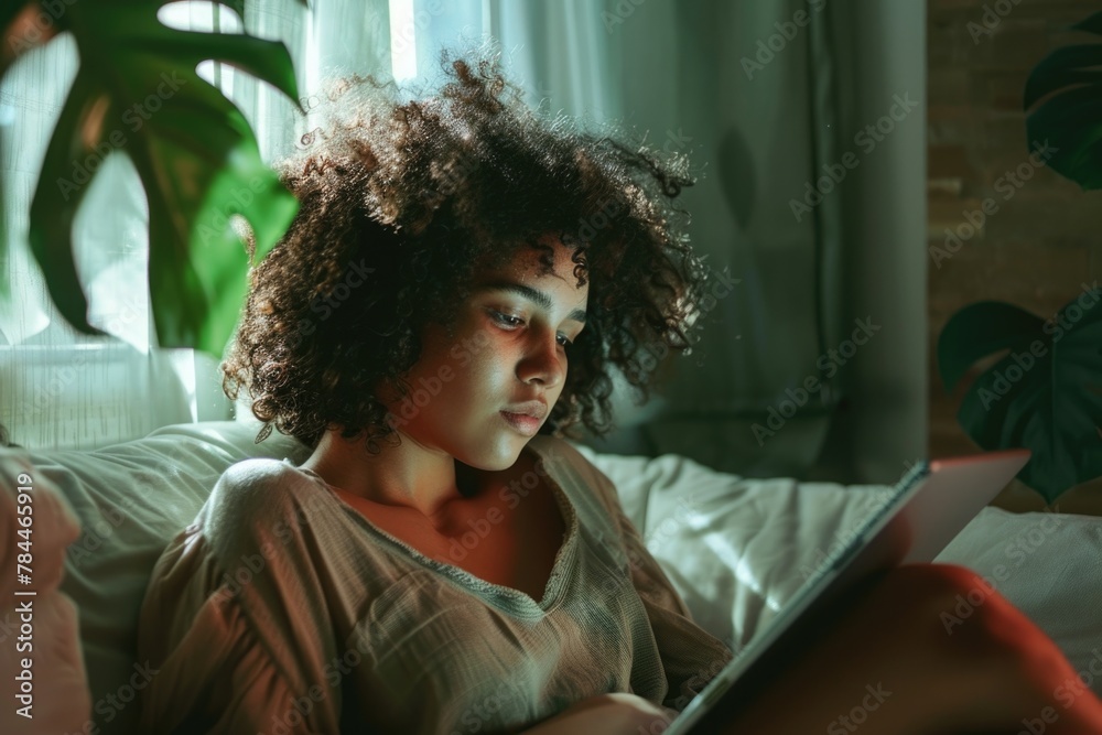 Poster a woman sitting on a couch using a tablet. suitable for technology and lifestyle concepts