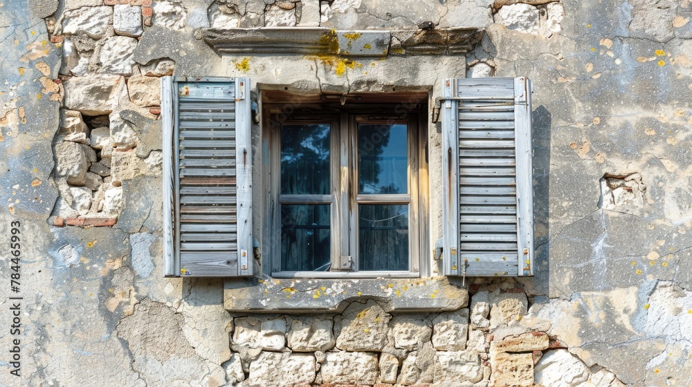 Poster A window with shutters on a stone wall. Perfect for architectural design projects