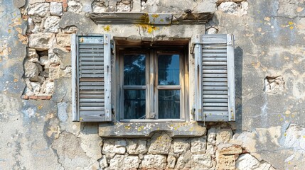 Fototapeta na wymiar A window with shutters on a stone wall. Perfect for architectural design projects