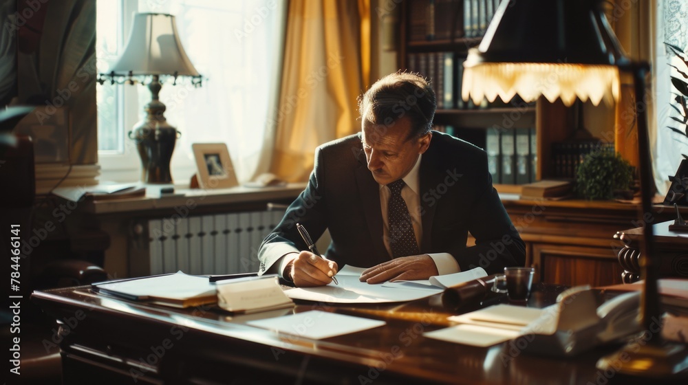 Aufkleber a man in a suit sitting at a desk writing. ideal for business and office concepts