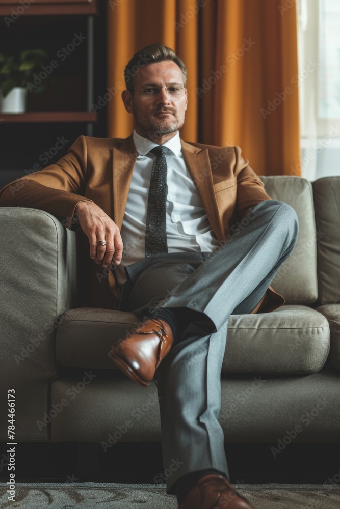 Poster a man dressed in a suit and tie sitting on a couch. suitable for business or office-related concepts