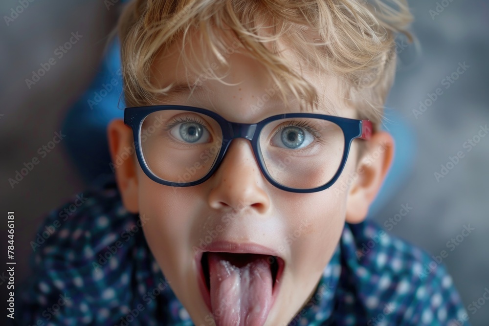 Poster A young boy sticking out his tongue, showing his playful side. Perfect for children's themes or school-related projects