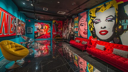 Fototapeta premium A colorful pop art mural adorns the walls of a film festival venue, showcasing memorable scenes from classic movies, high detailed