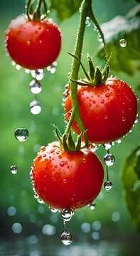tasty tomatoes with falling waterdrops in the garden. A fresh vertical food video.