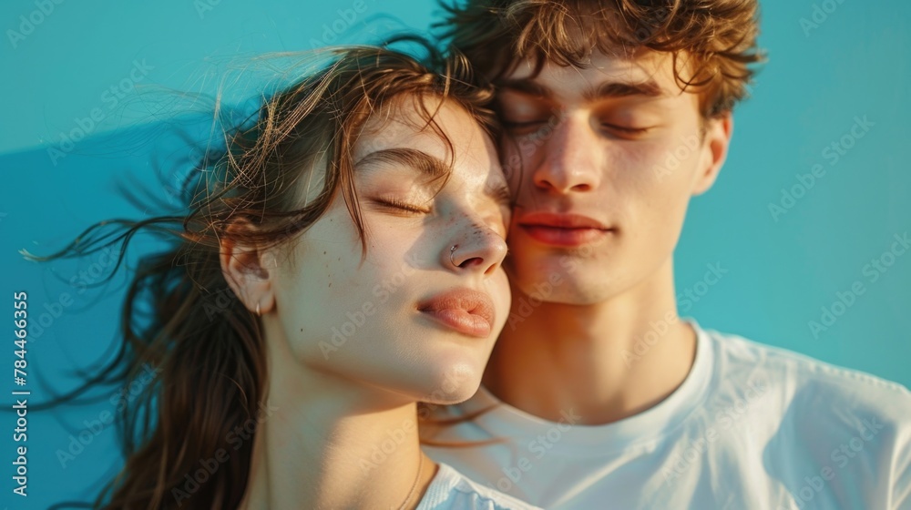 Poster a man and a woman posing for a picture, suitable for various concepts and designs