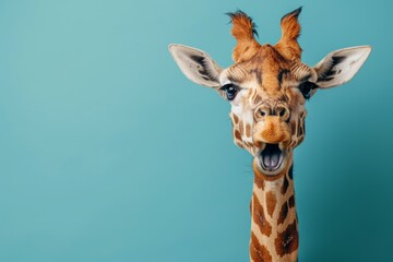 Close-up image of a giraffe staring directly at the camera with its mouth open, against a vibrant blue background
