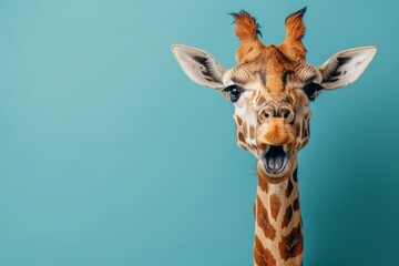 Obraz premium Close-up image of a giraffe staring directly at the camera with its mouth open, against a vibrant blue background
