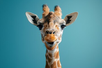 A headshot of a giraffe with attentively flicked ears and an inquisitive expression against a teal background