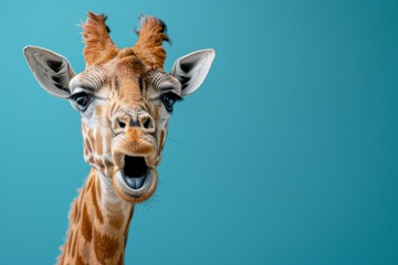 Image capturing the amusing moment of a giraffe with a surprised look and wide open mouth on a teal backdrop