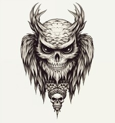 Black-eyed graphic image of human skull in owl style on white background. For tattoo decoration